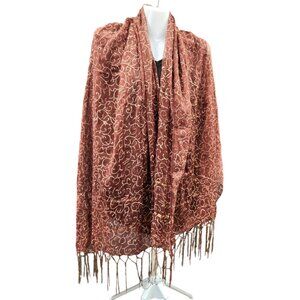 Elegant Brown Sheer Floral Scarf With Fringe Wrap Shawl Oversized 42"x82"